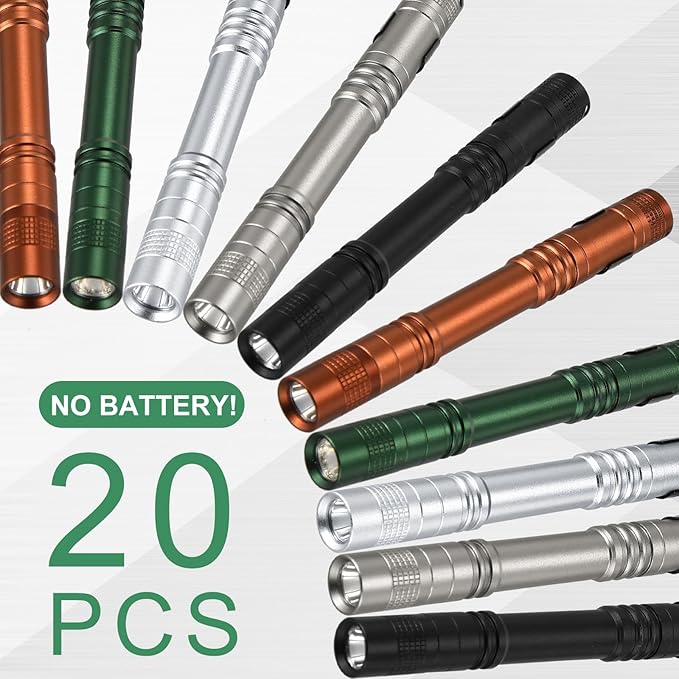 Hortsun 20 Pcs Mini Pen Light Flashlights Christmas Gifts for Men Pocket Flashlights Pen with Clip Small LED Handheld Slim Torches Without Battery(5.12 Inch,Black, Green, Brown, Silver White, Gray)
