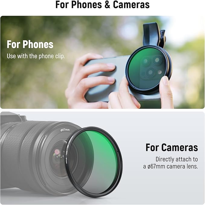 NEEWER 67mm Clip On CPL Filter, Circular Polarizing Polarizer Phone Camera Lens Photography Accessories Kit Compatible with iPhone 17 16 15 Pro Max Plus 16e 14 13 mini, FL-B23