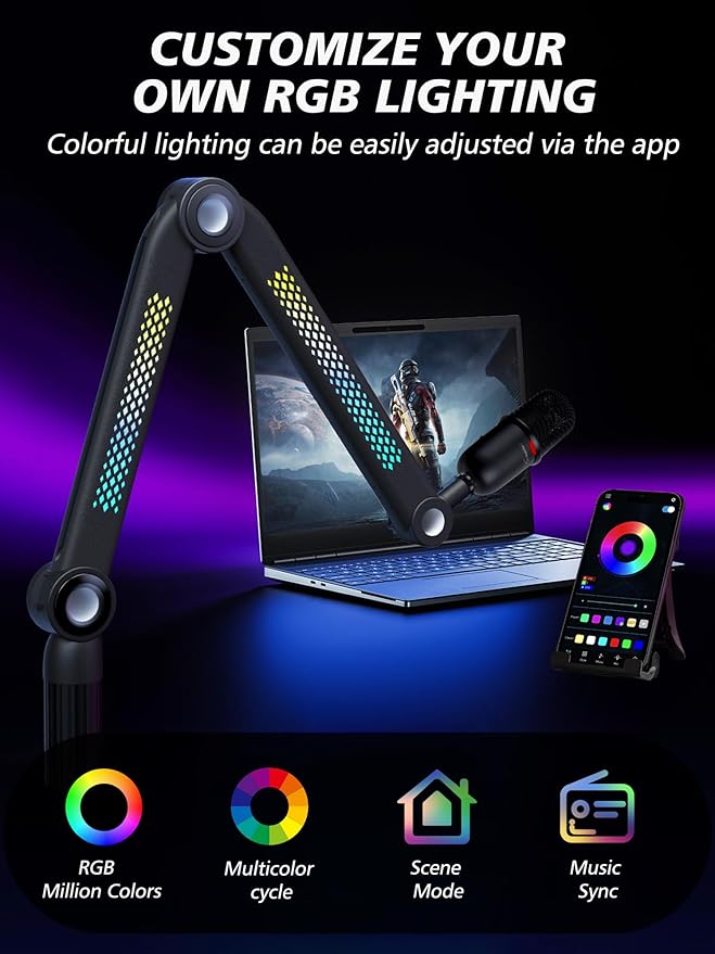 YOUSHARES RGB Mic Arm, Adjustable Boom Arm with RGB Control, Multiple Adapters, Compatible with Blue Yeti, HyperX，FIFINE AM8, Shure Mic，Rode and More, Perfect for Podcasting, Streaming and Gaming