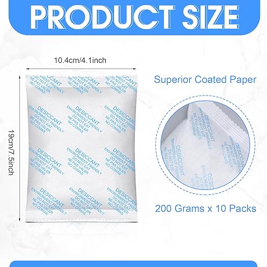 10 Pack 200 Gram Silica Gel Packets Desiccant Packs for Storage Food Safe Moisture Absorber Packs for Spices Jewelry Clothes Shoes Electronics Seeds Safes, Etc