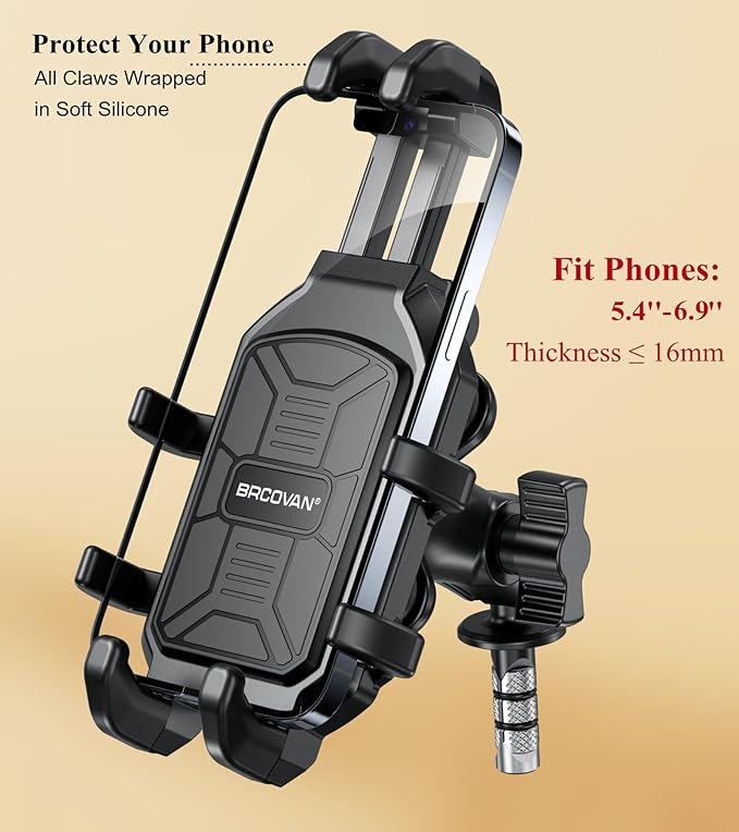 BRCOVAN Motorcycle Fork Stem Phone Mount Holder with Vibration Dampener, Heavy Duty Cellphone Cradle Fit Stem Tubes 12mm-25.4mm in Diameter, Adjustable for 5.4-6.9'' Smartphone