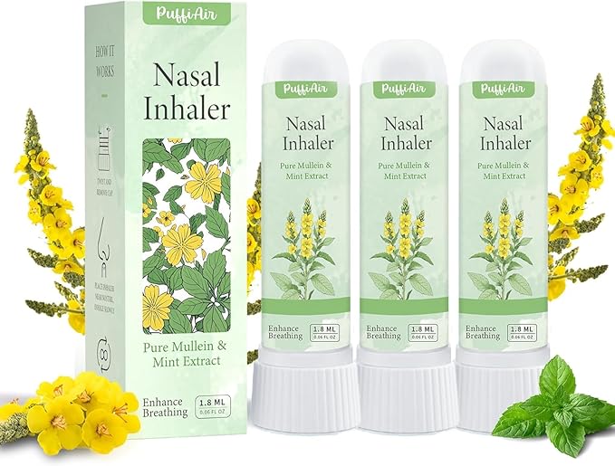 PUFFIAIR Mullein Nasal Sticks (3 Pack) 丨Pure Mullein & Mint Extract丨 Boost Focus, Reduce Fatigue & Stuffy Noses 丨 Support Craving Relief for Smokers, Energy Boost & Respiratory Health