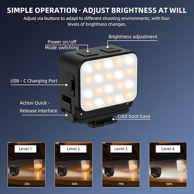 2PCS Pocket 3 Magnetic Mini LED Light Accessories, 8700K Adjustable Fill Video Light for Xtra Muse with Quick-Release Cold Shoe Adapter for DJI Osmo Action 5 Pro/4/3 Camera Cage Attachment