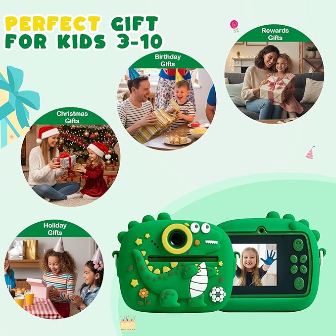 Kids Instant Print Camera with Dinosaur Silicone Cover,1080P HD Digital Video Cameras for Kids with Print Paper & SD Card,Christmas Birthday Gifts for Girls Boys 3-10 Years (Green)