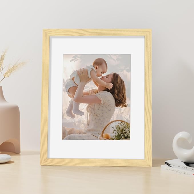Vittanly 11x14 Picture Frame, Made of Solid Wood and Shatterproof Plexiglass, Display Pictures 8x10 with Mat or 8x10 without Mat, Wooden Photo Frame for Wall Mounting or Tabletop, Natural, 1 Pack