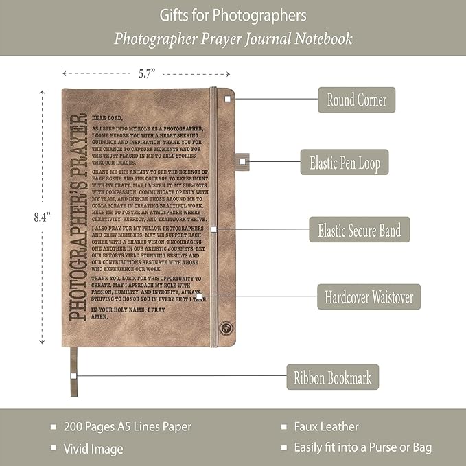 Photography Gifts for Photographers Women Men, Photographer Prayer Leather Journal 200 Pages Engraved Notebook A5 Lined with Pen, Photography Lovers Gift Ideas Birthday Graduation Retirement Christmas