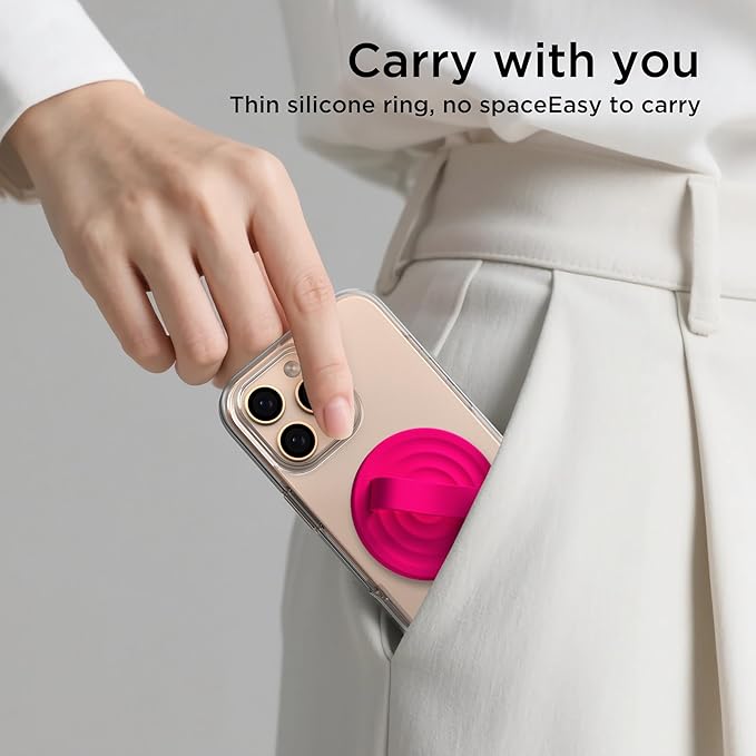 Magnetic Phone Grip Ring Holder, Liquid Silicone Magnet Cell Phone Grip Finger Loop, Compatible with Magsafe, Back of Phone for iPhone 17/16/15/14/13/12 Series, Neon Pink