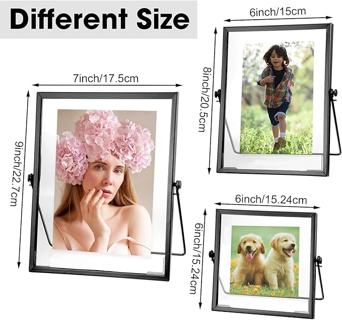 Amyhill Set of 6 Metal Picture Frames Vintage Minimal Ornate Floating Frames 4, 6, 7 Inches Photo Antique Easel Stand Vertical Glass Holder for Pictures Photos Desk Tabletop Display(Black)