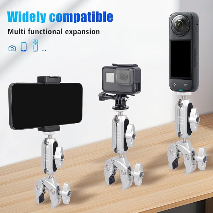 Super Clamp Mount with Dual 360° Ballhead Magic Arm with Phone Holder,1/4"-20 Screw Compatible with Mirrorless Camera,GoPro Hero,DJI OSMO Action,Insta360 X4/X3, Smartphone and More