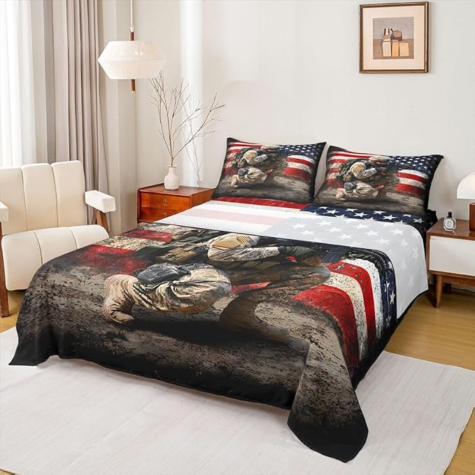 American Flag Sheet Sets for Adult Teens Boys Camo Soldier Flat Sheet Kids Men Vintage Usa Flag Top Sheet Military Camouflage Grunge Stripes Bed Sheet,1 Flat Sheet+1 Fitted Sheet+2 Pillowcases,Full