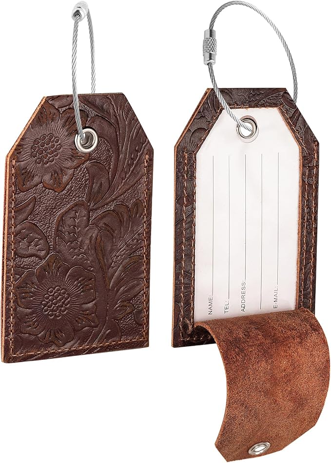 Genuine Leather Set of 2 Luggage Tag with Full Back Privacy Name ID Card Stainless Steel Loop Suitcase Labels Identifiers Baggage Tags Luggage for Women Men Travel (Yellow Brown Flower)