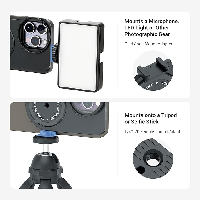 49mm Lens Filter Adapter Mount for iPhone 16/15/14/13 Pro Max 16/15/14 Plus Without case, Double-Sided Magnetic Phone Filter System with Lens Hood for ND CPL, 1/4-20" Screw & Cold Shoe Mount