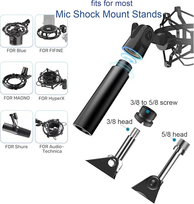 13 Pack Microphone Stand Adapter Screws with Extension Tube,Black Aluminum Alloy,3/8 to 5/8 and 1/4 Threaded Screw Mount for Mic Boom Arm,Camera Tripod,Projector Stand Arm,Fill Light