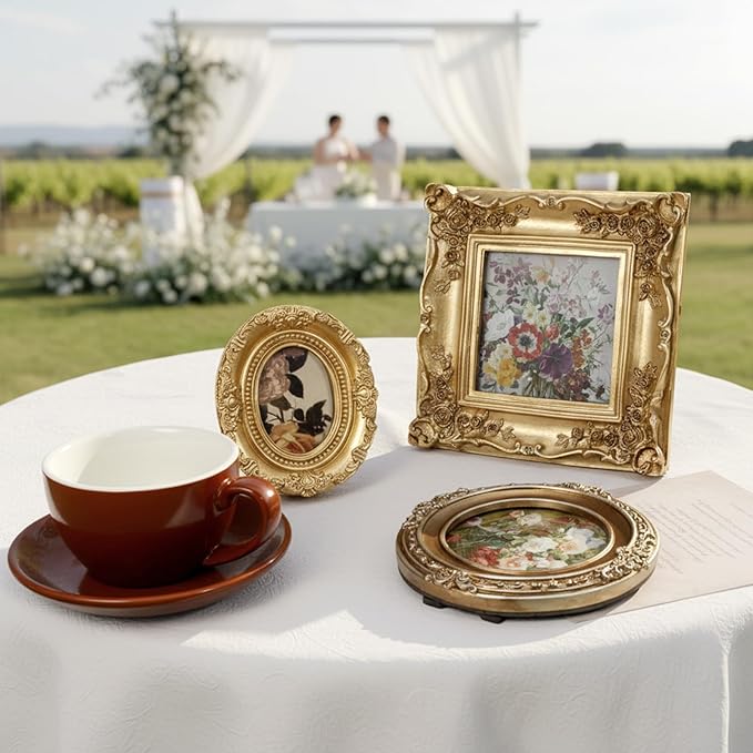 4 PCS Gold Vintage Photo Frame, Small Gold Picture Frames, Mini Ornate Frames, Vintage Picture Frame with Stand for Tabletop Display Christmas DIY Photo-5.5" X 4.7",5.5",3.7" X 4.3",6.3"