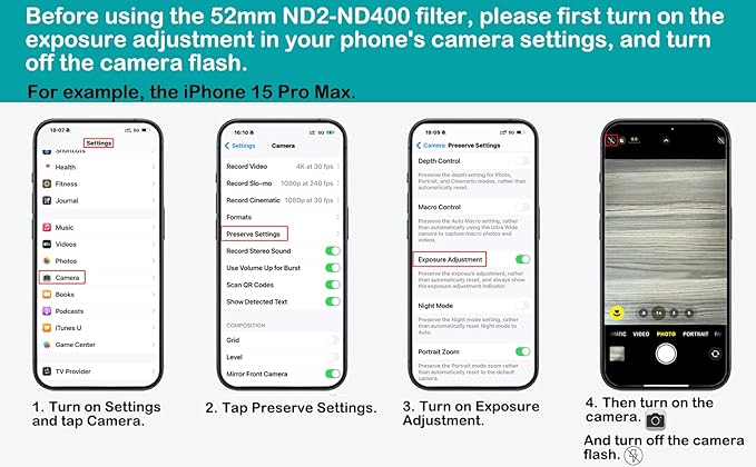 52mm Variable ND2-ND400 Filter with Upgraded Phone Clip, Neutral Density Filter Lens for iPhone 16/15/14/13 Pro Max Samsung Moto Google TCL, HD Double-Sided Multi-Coated Glass