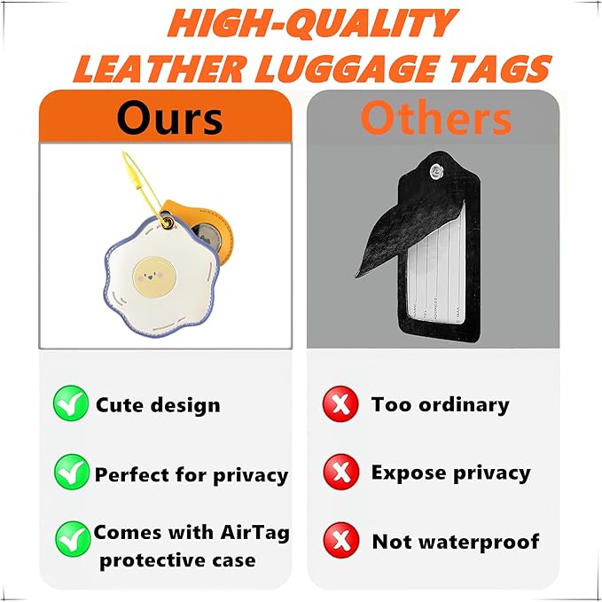 Cute Leather Luggage Tag Holder with Airtag Case Set,Hidden Compartment for AirTag Travel Suitcase Tracking Case with Stainless Steel Loop,Name ID Label(Egg)