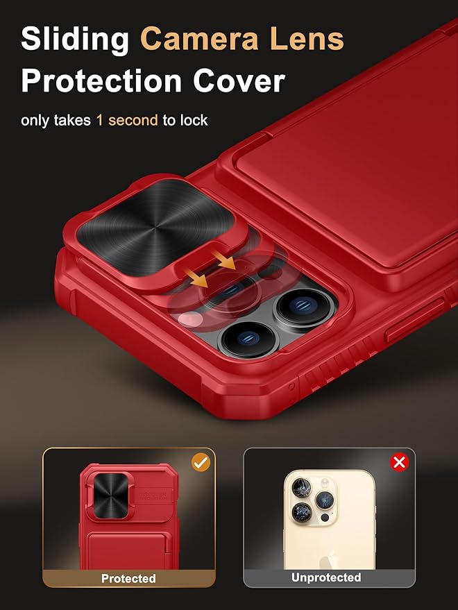 Vihibii for iPhone 13 Pro Case with Card Holder (4 Cards), [RFID Blocking] & Slide Camera Cover, Military Grade Drop Protection, Heavy Duty Shockproof Wallet Case for iPhone 13 Pro, 6.1" 2021, Red