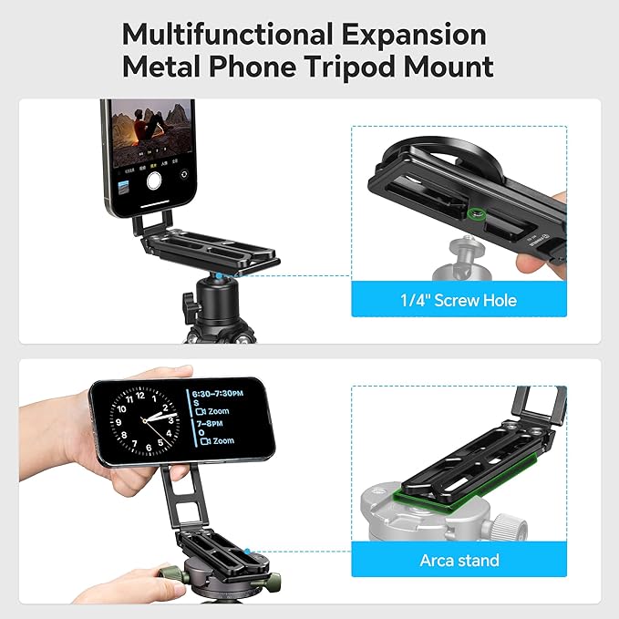 FANAUE Adjustable Phone Tripod Stand, Foldable Magnetic Cell Phone Holder with Arca-Swiss and 1/4" Screw Hole, Aluminium Magsafe Smartphone Mount with Cold Shoe for iphone16 15 14 13 12 Plus Pro Max