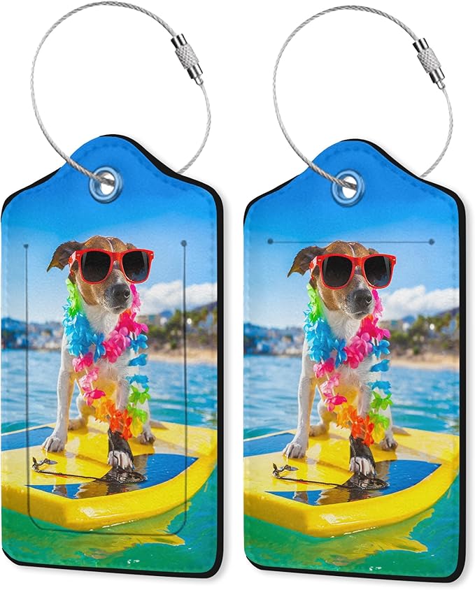 2 Pack Leather Luggage Tag for Suitcase Dog On Skateboards Seaside Vacation Unique Travel Tags with Privacy Cover ID Label & Stainless Steel Loop for Men and Women Baggage