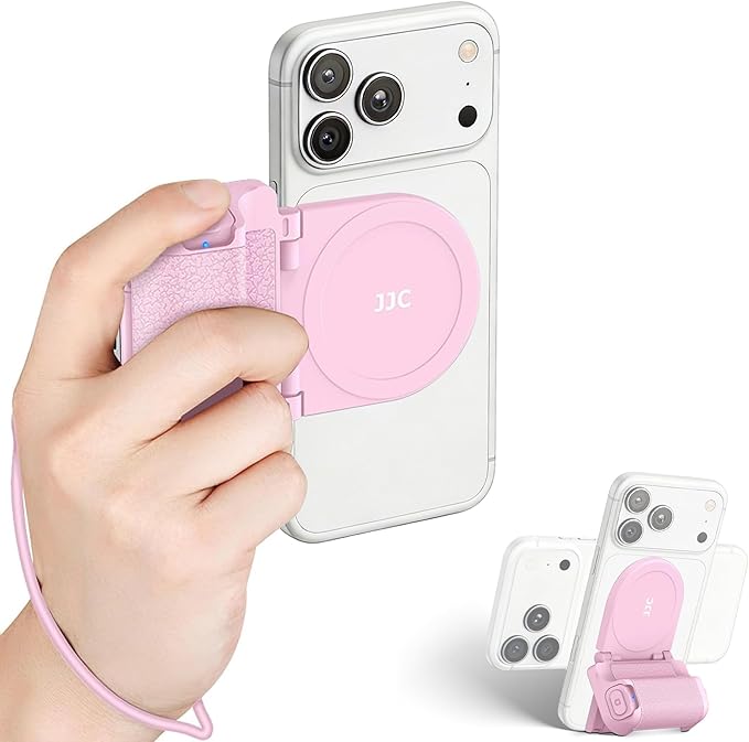 Magnetic Smartphone Shooting Holder Hand Grip Handle Snap On Phone Stand with Tripod Mount & Wireless Shutter Remote Control for iPhone 17 Air 16 15 14 13 Pro Max Android Vlog Video Photography Pink