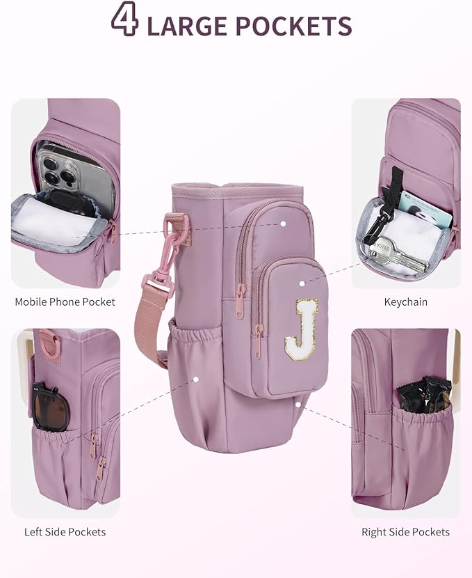 sportsnew Birthday Gifts for Women Personalized Initial Water Bottle Holder with Strap fits most 40oz Tumbler with Handle Water Bottle Carrier Bag with Phone Pocket & Straw Topper Tumbler Accessories