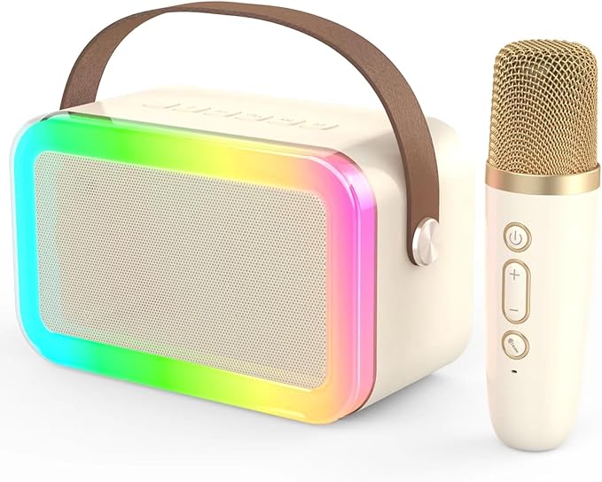 Mini Karaoke Machine,Funny Toys Christmas Birthday Gifts for Kids Age 4-12 Girls,Boys,Adults, Karaoke Microphone Toys for 4,5,6,7,8,9,10,11,12+ Year Old Girls Boys (Beige 1 mic -Rainbow Lights)