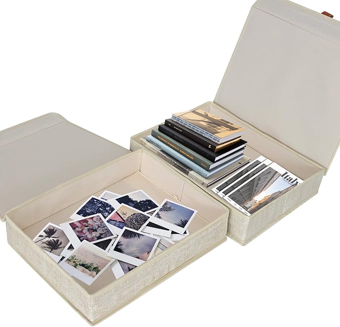 ORGMASTER Photo Storage Boxes with Lids, Memory Box for Keepsakes, Picture Organizer Versatile Linen Containers Basket Collapsible Bin for Organizing Home Office, 2 Pack, 14x10.8x2.5 Inch, Beige