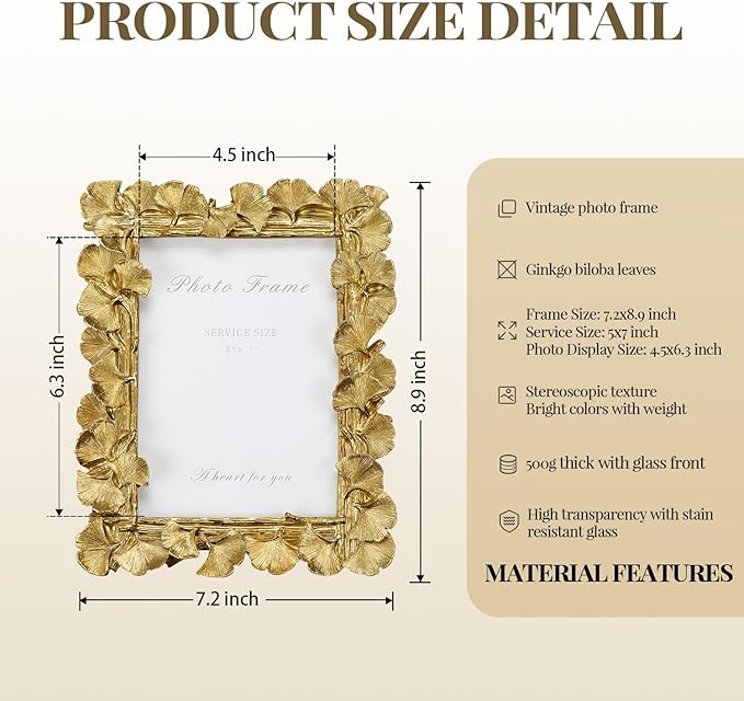 Cuspin 5x7 Picture Frame, Vintage Ornate Gold Resin Frame with Glass Front, Ginkgo Leaf Textured Photo Frame for Wall Hanging or Tabletop Display, Retro Design Home Decor Gift