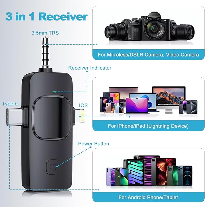 Wireless Microphone for iPhone, Camera, USB-C Mini Microphone 3 in 1, Professional Mini Mic with Noise Reduction, Lavalier, Lapel Mic for Video/Vlog/TikTok/YouTube