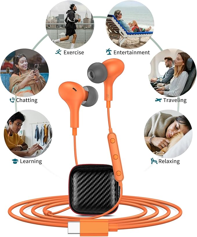 USB C Headphones for iPhone 17 16 15 Pro Galaxy S25 S26 Wired Earbuds with Microphone for Samsung S24 S23 S22 S21 Ultra, Magnetic Noise Canceling in-Ear Type C Earphone for iPad 10 Pixel 9 8, Orange
