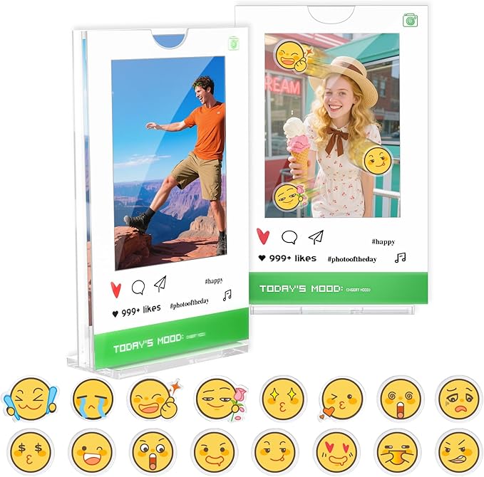 Yncotte 2x3 Picture Frames 2 Packs, Acrylic Mini Photo Frames with Playful DIY Yellow Face Display Compatible with Fujifilm Instax Polaroid Film, Tabletop Photo Holder for Home Office