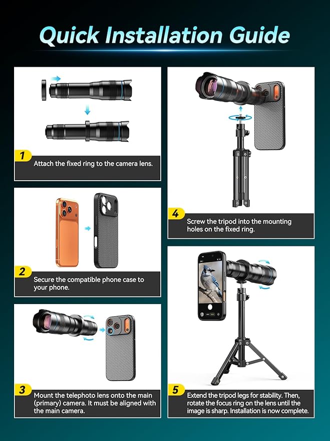 APEXEL 36x Telephoto Lens Compatible with iPhone 17 Pro | Photography for Travel, Birdwatching, Exploration | Kit with Sturdy Metal Tripod and Threaded Phone Case