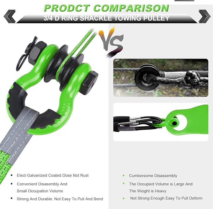 Upgraded Snatch Block, 3/4" D Ring Shackle (2 Pack) 22,000lb Break Strength with Towing Pulley, Heavy Duty Offroad Recovery Accessory for Truck, Tractor, ATV & UTV (Green)