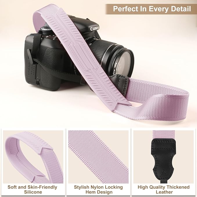 Neck Strap Silicone Camera Straps - Padded Camera Strap, 1.5" Wide Adjustable Nylon Shoulder Strap - Compatible with Canon, Nikon, Sony, and More DSLR and Mirrorless Cameras (Purple)