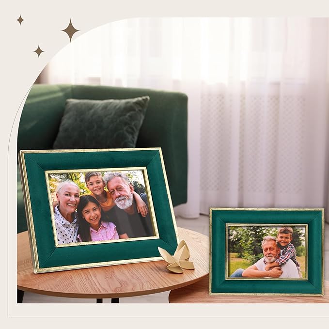 Kathfly 1 Pcs Green Velvet Picture Frame 5 x 7 Inch Vintage Photo Frame with Gold Metal Edge Horizontal & Vertical Mount for Poster Artwork Puzzles Tabletop Wall Display Christmas Home Office Decor