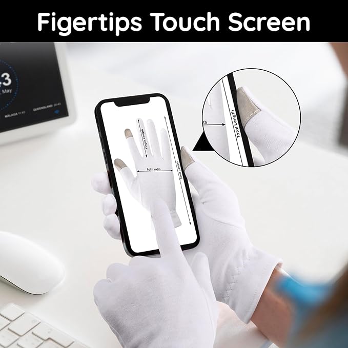 Segbeauty White Cotton Gloves with Touchscreen Fingers, 8pcs Hand Moisturizing Gloves with Elastic Band, 4 Pair Soft Cotton Sleeping Gloves for Dry Hand Overnight, White Gloves for Art Handling Medium