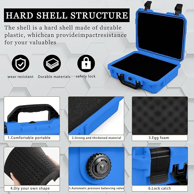 Relaxweex 1 Pcs 11.3 x 8.7 x 4.2 Inch Waterproof Hard Case with DIY Customizable Foam Insert Portable Protective Case with Knife for Camera Drones Equipments Tools Test Instruments (Blue)