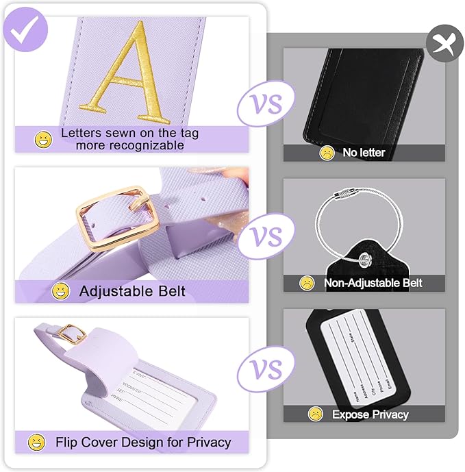 Initial Luggage Tags for Suitcases, Cute Embroidered Letter Luggage Bag Suitcase Identifier Name Baggage Tag, PU Leather Travel Luggage Tags, Bag Tags for Men Women Kids Luggage Handbags(Purple A)
