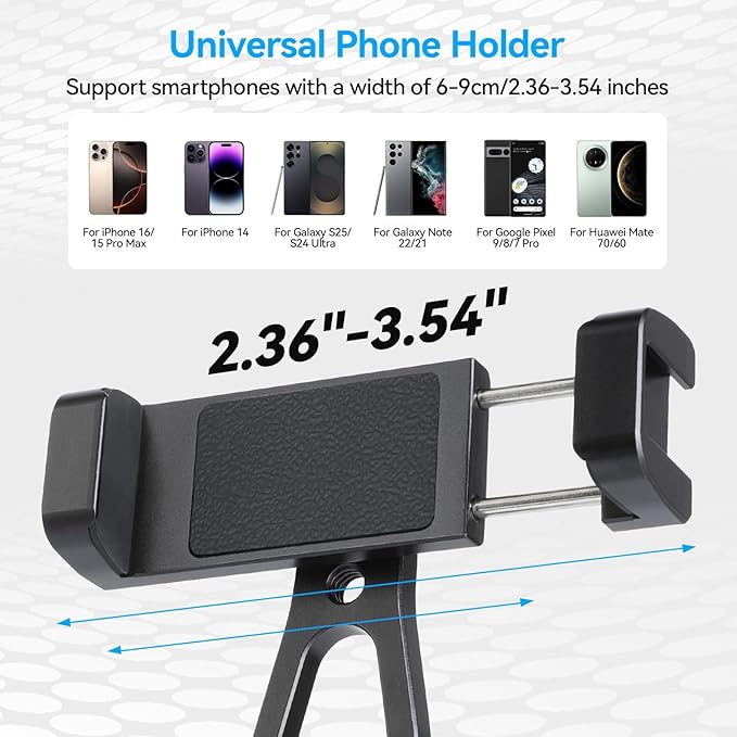 UTEBIT Universal Phone Tripod Mount with Cold Shoe Mount, 1/4" Thread 180° Tilt 360° Rotation Support Vertical and Horizontal, Adjustable Phone Clamp Holder for iPhone 17 16 15 14, for Samsung Galaxy