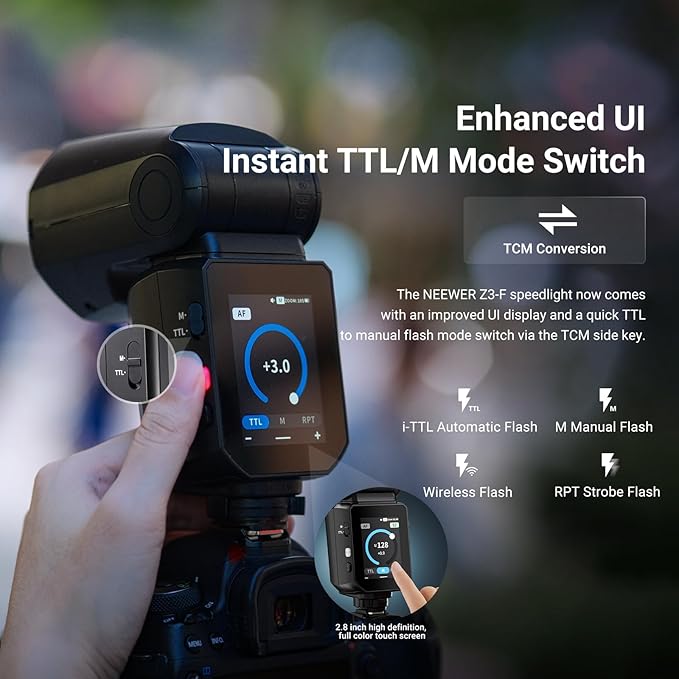 NEEWER 100Ws 2.4G TTL Hot Shoe Flash Speedlite Compatible with Fujifilm Cameras, Touch Screen, 1/8000s HSS, 2 Modeling Lamps, TTL/M Toggle, 3000mAh/500 Full Power Flash Studio Photography Light, Z3-F