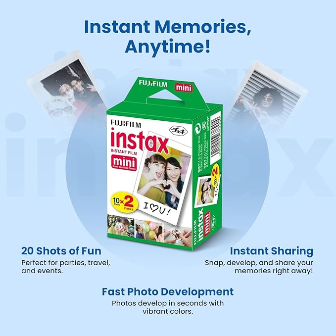 Fujifilm Instax Mini Instant Film, 20 Shots (10 Sheets x 2) – Capture Memories Anytime, Anywhere + BluebirdSales Premium Cleaning Cloth & 8 AA Batteries
