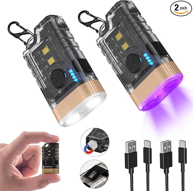 LED Small Powerful EDC Flashlight, 365nm UV Black Light, Mini Led Flashlight High LM, USB C Rechargeable Mini Keychain Flash Light with Clip, Tail Magnet, 9 Modes, Waterproof Pocket Flashlights 2 PC