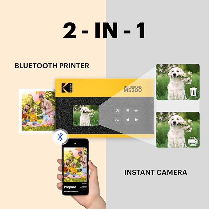 KODAK Mini Shot 2 ERA 4PASS 2-in-1 Instant Camera and Photo Printer (Black, Camera + Initial 8 Sheets + 60 Sheets)