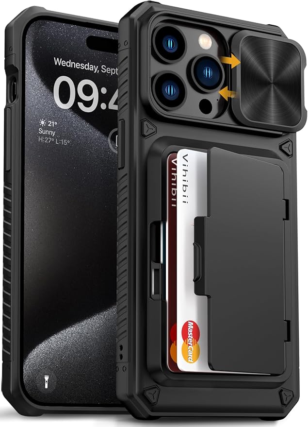 Vihibii for iPhone 15 Pro Max Case with Card Holder (4 Cards) & Slide Camera Cover & Kickstand, Military Grade Drop Protection, Rugged Hard Back & Silicone Edge Wallet Phone Case, 6.7" 2023, Black