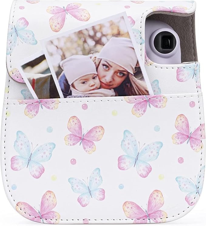 Frankmate Protective Case Fit for Fujifilm Instax Mini 12 11 9 8 Camera, PU Leather Camera Bag with Pocket and Adjustable Shoulder Strap (Pink Butterfly)