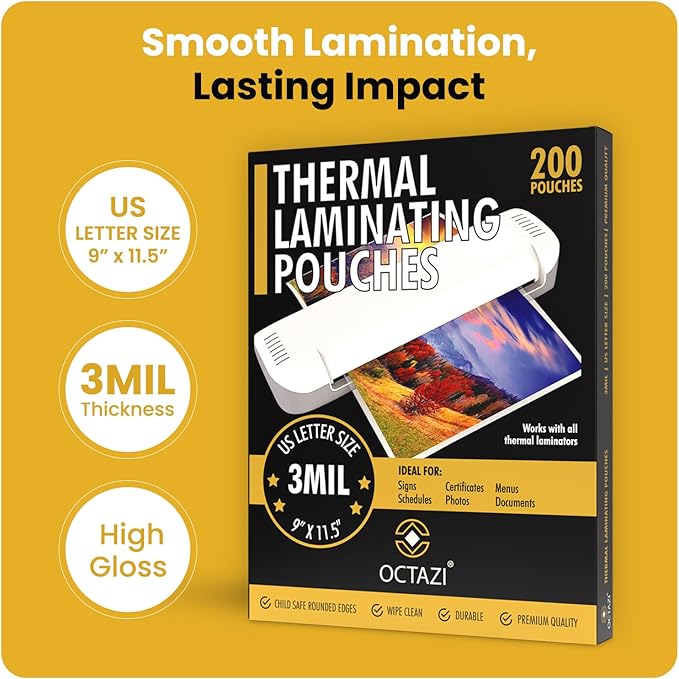 OCTAZI Thermal Laminating Pouches 3MIL – 200 Pack, 9 x 11.5 Inches – Glossy, Photo-Safe, Waterproof, Compatible with All Thermal Laminators – Letter Size Sheets for Documents, Photos, Menus & More.