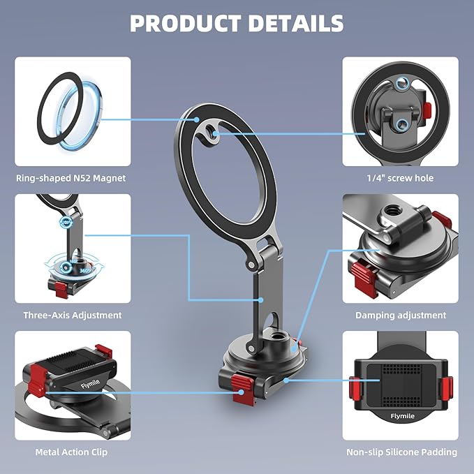 BRDRC Action 5 Pro Magnetic Stand Base, Quick Release Adapter Aluminum Alloy 360° Adjustable Mount for Osmo 360/4/3 Accessories, for MagSafe Phone Stand Desktop Holder with 1/4” Screw Hole
