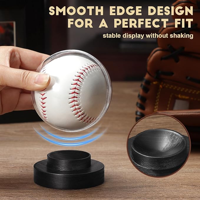JupDec Baseball Display Case, Round Clear Ball Holder with Wooden Base, Autograph Baseball Stand Box for Single Ball, Acacia Wood, Black