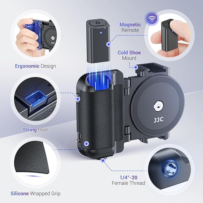 Phone Camera Grip Smartphone Photography Shooting Clip with Tripod Mount & Detachable Wireless Shutter Remote Control, Cellphone Selfie Grip Handle Stand for iPhone & Other Phone Vlog Video Black