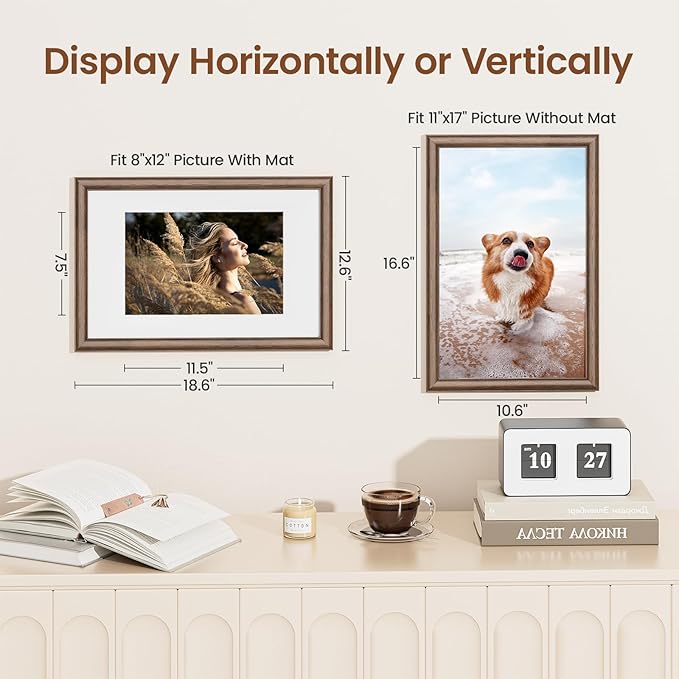 11x17 Picture Frame, USA-Sourced Walnut Wood with Tempered Glass, Display 8x12 with Mat or 11x17 Without Mat, 11 by 17 Photo Frame for Vertical & Horizontal Display, Handcrafted Wood Frame, 3 Pack